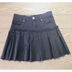 NEW Blank NYC Skirt 25 Black Denim Drop Waist Raw‎ Hem Pleated Mini Y2K Grunge